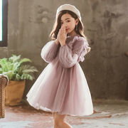 女童春季连衣裙2024韩版蕾丝，连体裙小女孩长袖纯色网纱公主裙