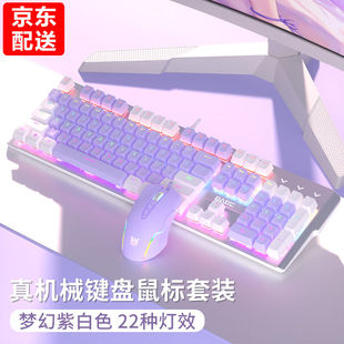 本手机械键盘有线键鼠套装紫色键盘鼠标，猫耳朵耳机三件套背光可爱