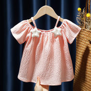 2024年夏季女童装露肩吊带女宝宝雪纺短袖T恤婴幼童洋气衬衫上衣