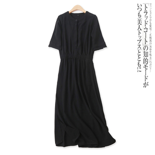 黑连衣裙秋外贸女装，时尚前扣高腰侧开叉，显瘦半袖中长裙13559