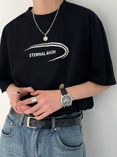 SF/夏季新潮流复古风质感金属色印花短袖t恤男韩版时髦棉料打底衫