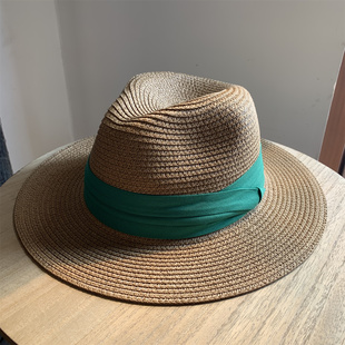 巴拿马平沿草帽夏天出游防晒沙滩，帽子女英伦时尚绿色百搭草编帽