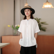2024新款高端亚麻上衣女夏款衬衫女士短袖宽松文艺小清新纯色衬衣