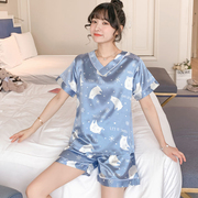 睡衣女夏季冰丝短袖韩版性感，薄款仿真丝绸，夏天睡衣大码家居服套装