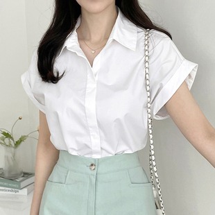韩国chic夏季气质休闲简洁时尚百搭暗扣设计翻领卷边短袖衬衫上衣