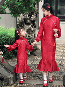 亲子旗袍母女装鱼尾款时尚中式复古礼服新年装拜年服红色冬季加绒