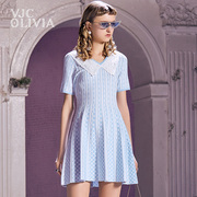 vjcolivia2023春夏蓝色娃娃，领针织连衣裙甜美减龄修身a字裙子