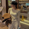 韩国女装M2023冬季款纯色时尚百搭单肩带长袖休闲针织短款T恤