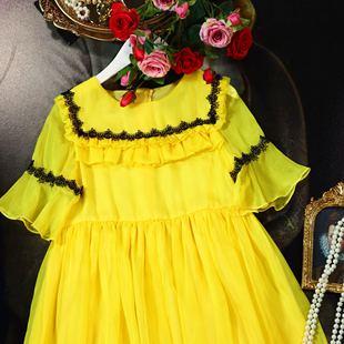女童装夏装雪纺连衣裙，荷叶边蕾丝黄色公主裙，淑女甜美短袖裙子