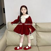 韩版女童2023秋冬红色细闪花边领加绒连衣裙女宝宝丝绒公主裙