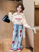 高档品牌女童春装套装2024韩版春季洋气翻领卫衣两件套儿童春