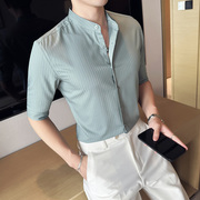 夏季薄款竖条纹立领衬衫男短袖时尚商务休闲修身中袖衬衣男蓝色