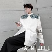 韩国版男装东大门22秋权志龙风格，个性门襟印花拼接宽松长袖衬衫潮