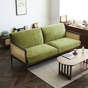 物应藤编沙发北欧复古全实木小户型客厅布艺现代简约黑胡桃木家具