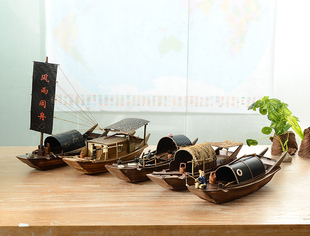 江南水乡帆船模型木船渔船，乌篷船模中式工艺，船摆件实木大船装饰品