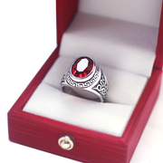 不掉色韩版长城纹时尚钛钢，红宝石戒指男士复古太钢戒子食指首饰品