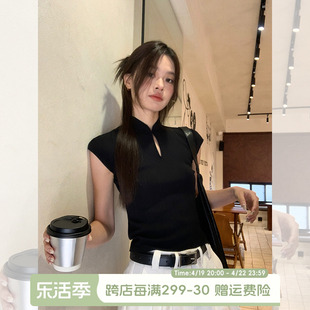 宋正恩新中式国风盘扣黑色短袖T恤女夏季甜辣修身立领小飞袖上衣