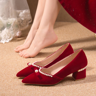 珍珠婚鞋高级感夏季女新娘鞋粗跟不累脚红色高跟鞋孕妇秀禾服单鞋