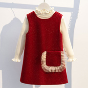 女童裙子秋冬装红色洋气毛呢背心连衣裙毛衣新年装公主儿童两件套