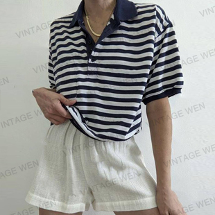 vintagewen美式复古蓝白条纹，polo领欧美宽松短袖，t恤女夏季上衣