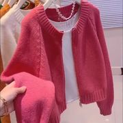 2024秋韩系高级感双拉链粉色毛衣外套上衣女，短款圆领针织开衫