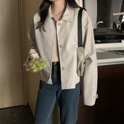 哑光pu皮衣外套女2024春季韩版甜美气质，翻领单排扣短款皮夹克