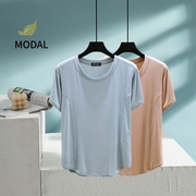 莫代尔女夏圆领短袖t恤修身显瘦内搭纯色，简约打底衫外穿拼接上衣