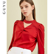 福利红色衬衫女长袖设计感小众圆领衬衣高端时尚洋气上衣