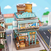 同趣迷你街景建筑海角咖啡馆木质，拼装diy感应收纳屋模型3d拼图