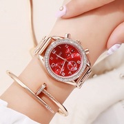 古欧 个性大红表盘石英表小满钻女钢带手表圆形时尚国产腕表