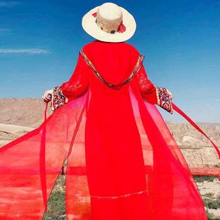 西藏沙漠旅游红色民族风，披肩开衫女防晒雪纺，七分袖外套开衫