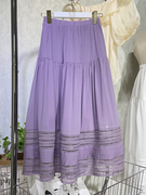 韩国东大门重工设计感紫色蕾丝拼接半身裙女高腰a字大摆蓬蓬伞裙