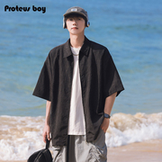 proteusboy短袖衬衫男款夏季男士易打理(易打理)休闲宽松拉链黑色衬衣外套