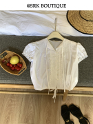 srk小众设计感白色，系带短袖衬衫，女2023年夏季通勤百搭上衣
