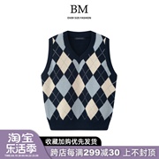 BM Fashion菱形格子马甲女bm针织衫无袖V领内搭背心美式短款毛衣