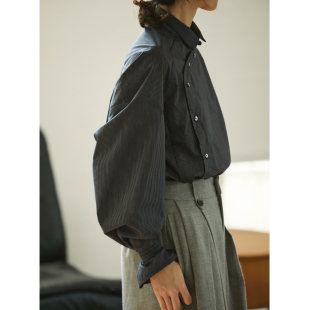 VIMIE2023复古新中式条纹衬衫宽松不对称设计衬衣女士