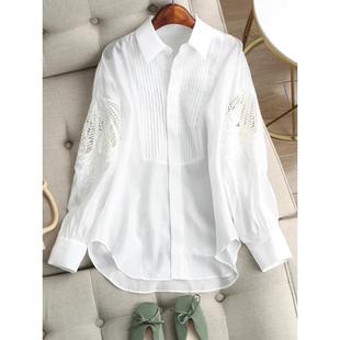 白色长袖衬衫女2024春季时尚减龄刺绣镂空上衣复古灯笼袖衬衣