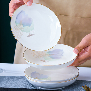 饭盘子菜盘家用陶瓷饭盘2022创意欧式金边菜碗深盘描金餐具
