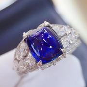 天然珠宝素面糖塔山皇家蓝蓝宝石戒指18K金镶嵌钻石裸石3.32克拉
