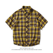 美式黄色格纹衬衫男夏季薄款叠穿短袖衬衣高级感复古风格子外套潮