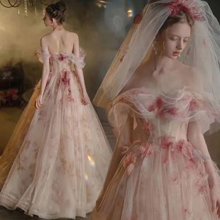 宴会晚礼服2024粉色花朵新娘，结婚订婚敬酒服婚纱，演出服主持人