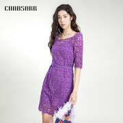 香莎chansarr优雅气质紫丁香，绣花镂空连衣裙，复古风纯棉长裙