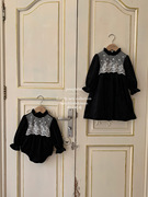 韩版冬装0-1岁婴儿洋气蕾丝花边爬服黑色女保暖毛绒姐妹装连衣裙