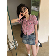 sleepzoo23ss韩版学院风，复古格子短袖衬衣女，夏季格纹短款衬衫