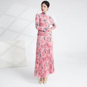 法国CanaryKiss时尚粉红套装女玫瑰花印花长袖上衣垂感长款半身裙