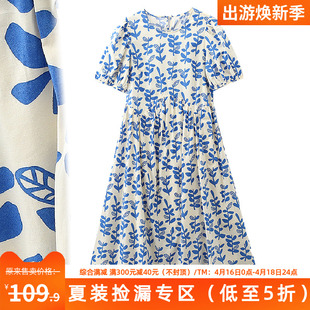 当季莎系列江南风法式修身系带高腰全棉印花连衣裙夏季女装