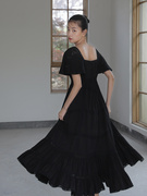黑色法式赫本风可盐可甜连衣裙夏 方领露背桔梗气质女神范裙子