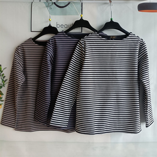 日本订单针织，条纹海军风圆领女款长袖t恤衫