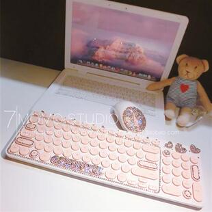 原粉色圆点无线键盘鼠标套装笔记本台式电脑限量版水钻少女心键盘
