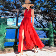 红色沙滩裙女夏2024三亚大摆海边度假超仙长款拍照雪纺连衣裙
